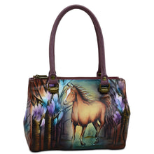 Load image into Gallery viewer, Anuschka style 626, handpainted Triple Compartment Medium Tote. Free Spirit Painted in Brown Color. Featuring two top zip and a central compartment with magnetic snap button and inside one open wall pocket, one zippered wall pocket.
