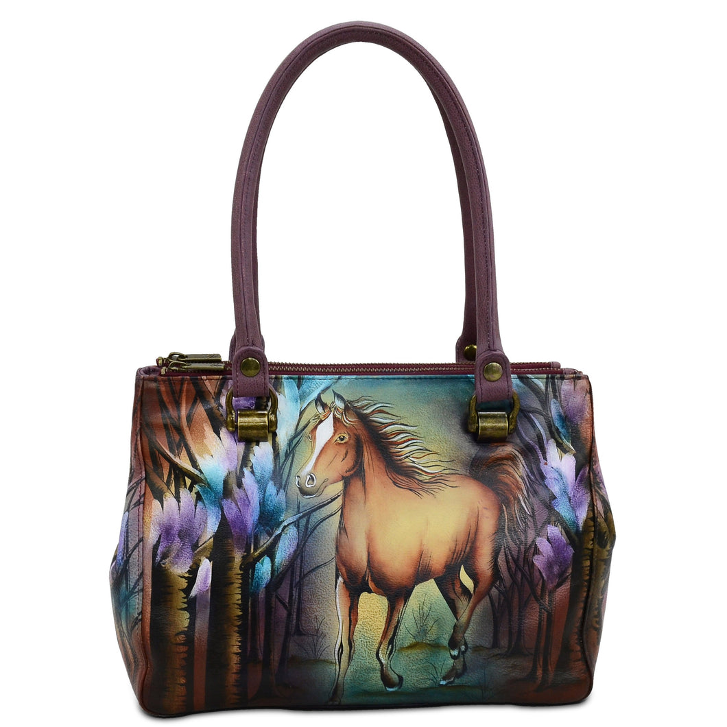 Anuschka style 626, handpainted Triple Compartment Medium Tote. Free Spirit Painted in Brown Color. Featuring two top zip and a central compartment with magnetic snap button and inside one open wall pocket, one zippered wall pocket.
