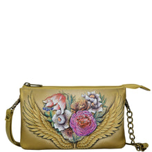 Load image into Gallery viewer, Anuschka style 637, handpainted Organizer Crossbody, Angel Wings painting in tan color. Featuring RFID blocking and Removable strap.
