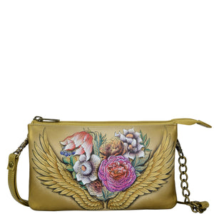 Anuschka style 637, handpainted Organizer Crossbody, Angel Wings painting in tan color. Featuring RFID blocking and Removable strap.