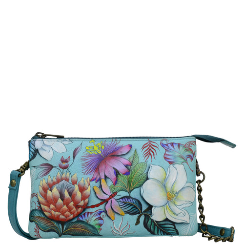 Anuschka style 637, handpainted Organizer Crossbody With RFID Protection. Jardin Bleu Painted in Blue Color. Featuring four credit card holders with RFID protection and a multipurpose pocket.