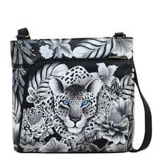 Load image into Gallery viewer, Anuschka style 651, handpainted Crossbody With Front Zip Organizer. Cleopatra&#39;s Leopard painting in black, grey and silver color. Fits Tablet and E-Reader. Featuring RFID blocking.
