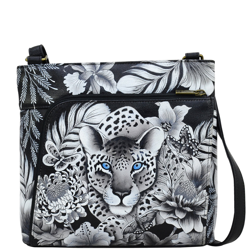 Anuschka style 651, handpainted Crossbody With Front Zip Organizer. Cleopatra's Leopard painting in black, grey and silver color. Fits Tablet and E-Reader. Featuring RFID blocking.