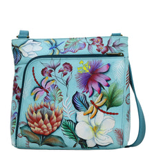 Load image into Gallery viewer, Anuschka style 651, handpainted Crossbody With Front Zip Organizer. Jardin Bleu Painted in Blue Color. Featuring front zippered RFID protected organizer chamber with gusset contains four card holder, two pen holders, one ID window and one slip in pocket.
