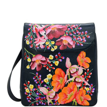 Load image into Gallery viewer, Anuschka style 661, handpainted Large Travel Backpack. Moonlit Meadow Painted in Blue Color. Featuring Inside one zippered wall pocket, one wall pocket and two multipurpose pockets with gusset with adjustable shoulder straps.
