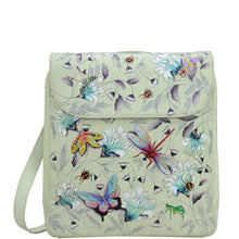 Load image into Gallery viewer, Anuschka style 661, handpainted Large Travel Backpack. Wondrous Wings Painted in Green/Mint Color. Featuring Inside one zippered wall pocket, one wall pocket and two multipurpose pockets with gusset with adjustable shoulder straps.
