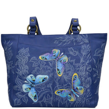 Load image into Gallery viewer, Anuschka style 664, handpainted Classic Work Tote. Garden of Delight Painting in Blue Color.Fits Laptop, Tablet and E-Reader.
