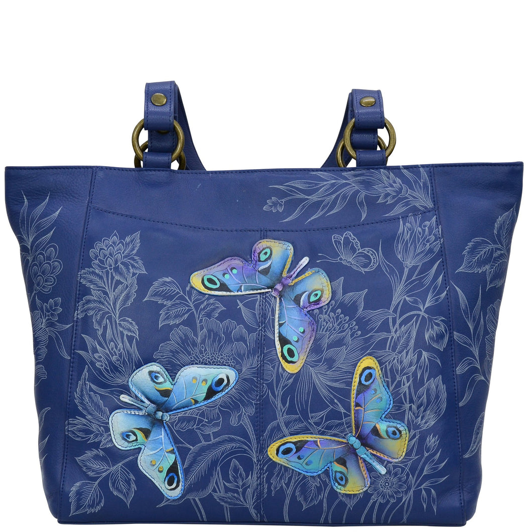 Anuschka style 664, handpainted Classic Work Tote. Garden of Delight Painting in Blue Color.Fits Laptop, Tablet and E-Reader.