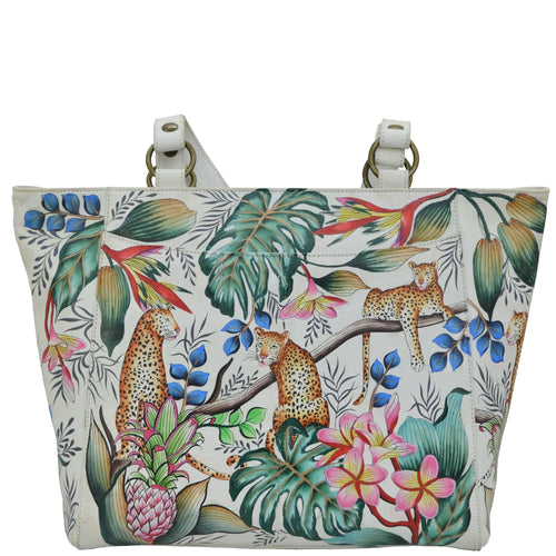 Anuschka style 664, handpainted Classic Work Tote. Jungle Queen painting in Ivory color. Fits Laptop, Tablet and E-Reader.