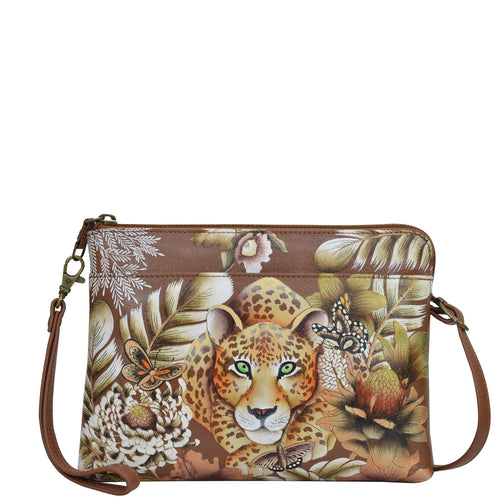 Anuschka style 667, Three-in-One Clutch. Cleopatra's Leopard painting in tan color. Fits tablet and Removable crossbody strap.