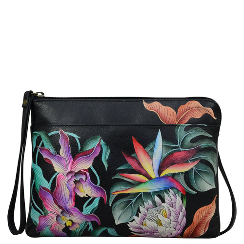 Anuschka style 667, handpainted Three-in-One Clutch. Island Escape Black Painted in Black Color. Featuring two multipurpose pockets with gusset and rear full length slip in pocket with magnetic closure.