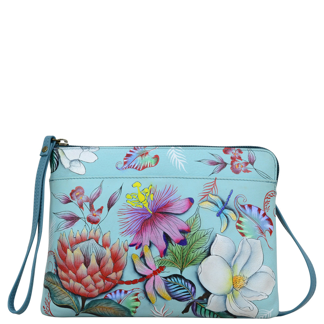 Anuschka style 667, handpainted Three-in-One Clutch. Jardin Bleu Painted in Blue Color. Featuring two multipurpose pockets with gusset and rear full length slip in pocket with magnetic closure.