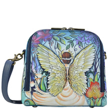 Load image into Gallery viewer, Anuschka style 668, handpainted Zip Around Travel Organizer. Enchanted Garden Painted in Blue Color. Featuring inside four RFID protected card holder, top zippered pocket with gusset, one slip in pocket, one multipurpose pocket with gusset and rear full length slip in pocket with magnetic closure.

