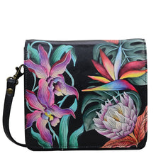 Load image into Gallery viewer, Anuschka style 669, handpainted Small Messenger. Island Escape Black Painted in Black Color. Featuring four RFID protected credit card holders and one ID window under flap.
