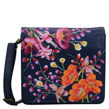 Load image into Gallery viewer, Anuschka style 669, handpainted Small Messenger. Moonlit Meadow Painted in Blue Color. Featuring four RFID protected credit card holders and one ID window under flap.
