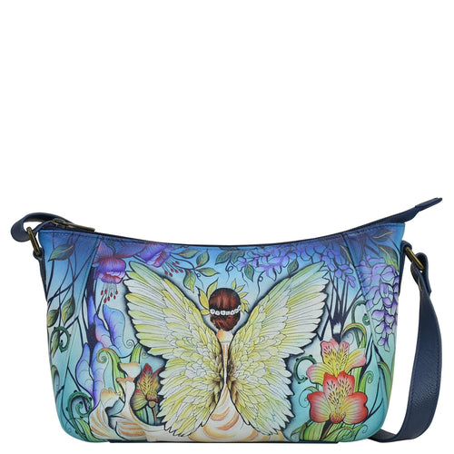 Anuschka style 670,handpainted Everyday Shoulder Hobo. Enchanted Garden painting in Blue color. Featuring Rear full length zippered pocket & Adjustable shoulder strap.