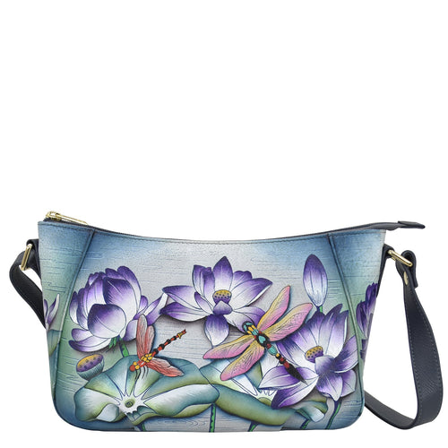 Anuschka style 670, Everyday Shoulder Hobo, Tranquil Pond painting in Multi color. Featuring Rear full length zippered pocket & Adjustable shoulder strap.
