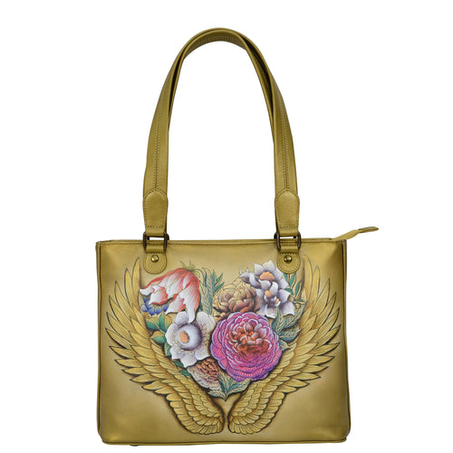 Anuschka style 677, handpainted Medium Shopper, Angel Wings painting in tan color. Fits tablet, E-Reader.