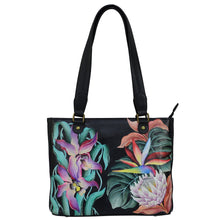 Load image into Gallery viewer, Anuschka style 677, handpainted Medium Shopper. Island Escape Black Painted in Black Color. Featuring one open wall pocket, two multipurpose pockets with gusset.
