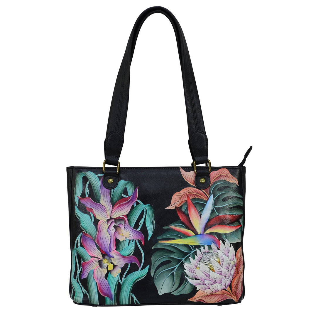 Anuschka style 677, handpainted Medium Shopper. Island Escape Black Painted in Black Color. Featuring one open wall pocket, two multipurpose pockets with gusset.