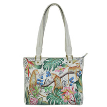Load image into Gallery viewer, Anuschka style 677, handpainted Medium Shopper, Jungle Queen painting in Ivory color. Fits tablet, E-Reader.
