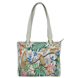 Anuschka style 677, handpainted Medium Shopper, Jungle Queen painting in Ivory color. Fits tablet, E-Reader.