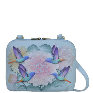 Anuschka style 678, handpainted Zip Around Everyday Crossbody. Rainbow Birds Painted in Grey Color.Featuring RFID blocking and many credit card slots.