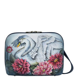 Anuschka style 678, handpainted Zip Around Everyday Crossbody. Swan Song Painted in Multi Color. Featuring six RFID protected card holders, two multipurpose pockets with gusset.