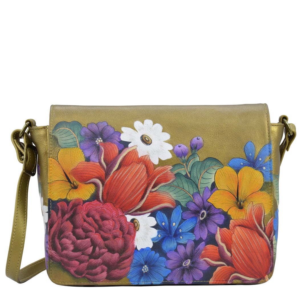 Anuschka style 683, handpainted Flap Crossbody. Dreamy Floral painting in Golden color. Featuring Inside zippered partition compartment and Adjustable crossbody strap.