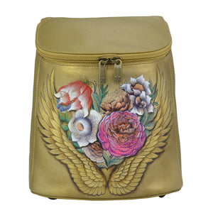 Anuschka style 685, handpainted Bucket Backpack, Angel Wings painting in tan color. Featuring One gusseted multipurpose pocket. Rear full-length pocket with magnetic snap button, Two fully adjustable shoulder strap, Quick grip handle.