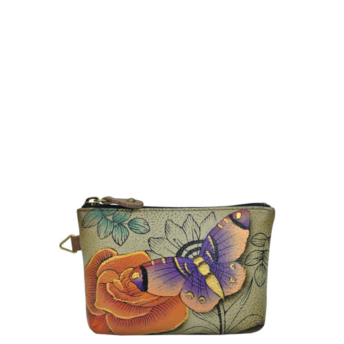 Anna by Anuschka style 1824, handpainted Coin Pouch. Floral Paradise Tan  painting in tan color. Featuring top zip entry to coin pouch.