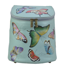 Load image into Gallery viewer, Anuschka style 685, handpainted Bucket Backpack, Butterfly Heaven painting in Green or Mint Color. Featuring One gusseted multipurpose pocket. Rear full-length pocket with magnetic snap button, Two fully adjustable shoulder strap, Quick grip handle.
