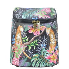Load image into Gallery viewer, Anuschka style 685, handpainted Bucket Backpack, Jungle Queen Jaguar painting in black color. Featuring One gusseted multipurpose pocket. Rear full-length pocket with magnetic snap button, Two fully adjustable shoulder strap, Quick grip handle.
