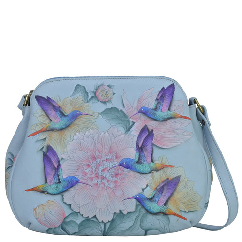 Anuschka style 691, Multi Compartment Medium Bag. Rainbow Birds Painted in Grey Color.Featuring two multipurpose pockets with gusset.