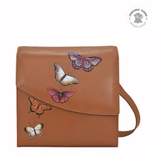 Load image into Gallery viewer, Anuschka style 692, handpainted Flap Messenger Crossbody. Butterflies Honey painting in tan color.Featuring RFID blocking and many credit card slots.
