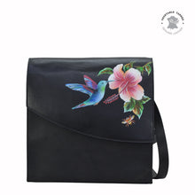 Load image into Gallery viewer, Anuschka style 692, handpainted Flap Messenger Crossbody. Hummingbird painting in Black color. Featuring RFID blocking and many credit card slots.
