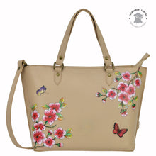 Load image into Gallery viewer, Anuschka style 693, Medium Tote. Flower Garden Almond painting in Tan color. Top zip entry, Removable handle with full adjustability,
