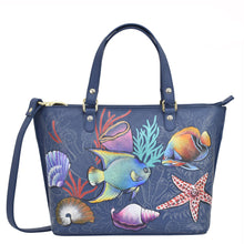 Load image into Gallery viewer, Anuschka style 693, Medium Tote. Mystical Reef painting in Blue color. Top zip entry, Removable handle with full adjustability.
