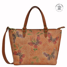 Load image into Gallery viewer, Anuschka style 693, Medium Tote. Tooled Butterfly in brown color. Top zip entry, Removable handle with full adjustability.
