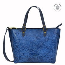 Load image into Gallery viewer, Anuschka style 693, Medium Tote. Tooled Butterfly Jade in blue color. Top zip entry, Removable handle with full adjustability.
