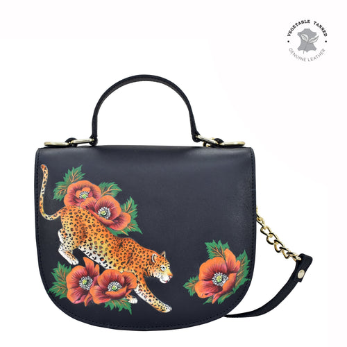 Anuschka style 694, Flap Crossbody. Enigmatic Leopard painting in Black color. Featuring magnetic snap button entry with Removable fully adjustable handle strap.