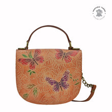 Load image into Gallery viewer, Anuschka style 694, Flap Crossbody. Tooled Butterfly in brown color. Featuring magnetic snap button entry with Removable fully adjustable handle strap.
