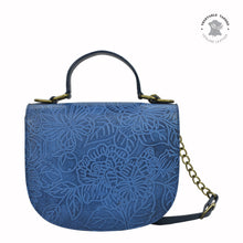 Load image into Gallery viewer, Anuschka style 694, Flap Crossbody. Tooled Butterfly Jade in blue color. Featuring magnetic snap button entry with Removable fully adjustable handle strap.
