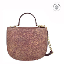 Load image into Gallery viewer, Anuschka style 694, Flap Crossbody. Tooled Butterfly Wine art in Wine color. Featuring magnetic snap button entry with Removable fully adjustable handle strap.
