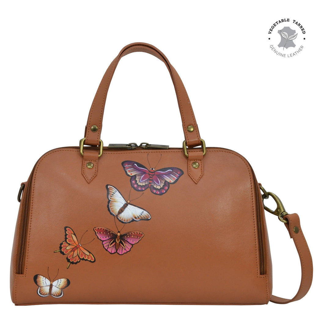 Anuschka style 695, handpainted Wide Organizer Satchel. Butterflies Honey painting in tan color.Featuring Three card holders, one ID window and several inside pockets.