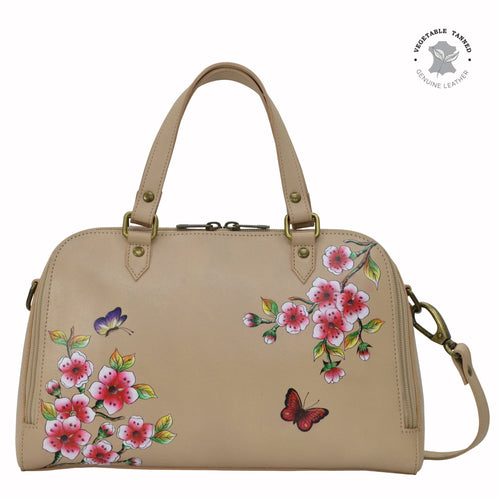Anuschka style 695, Wide Organizer Satchel. Flower Garden Almond painting in Tan color. Featuring Three card holders, one ID window and several inside pockets.