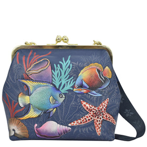 Anuschka style 700, Handpainted Medium Frame Satchel. Mystical Reef painting in Blue color. Featuring French clasp entry to main compartment.