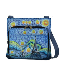 Load image into Gallery viewer, Anna by Anuschka style 7011, handpainted Slim Shoulder Organizer. Love In Paris painting in blue color. Featuring front all round zip entry to organizer with multi purpose pockets, credit card holders &amp; ID window, adjustable handle drop, Built-in organizer, Fits E-Reader, Fits tablet.
