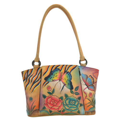 Anna by Anuschka style 7024, handpainted Organizer Tote. Antique Rose Safari painting in multi color. Featuring double rope handle, a zip down organizer compartment with a magnetic snap closure in front, Built-in organizer, Fits Laptop and E-Reader and tablet.