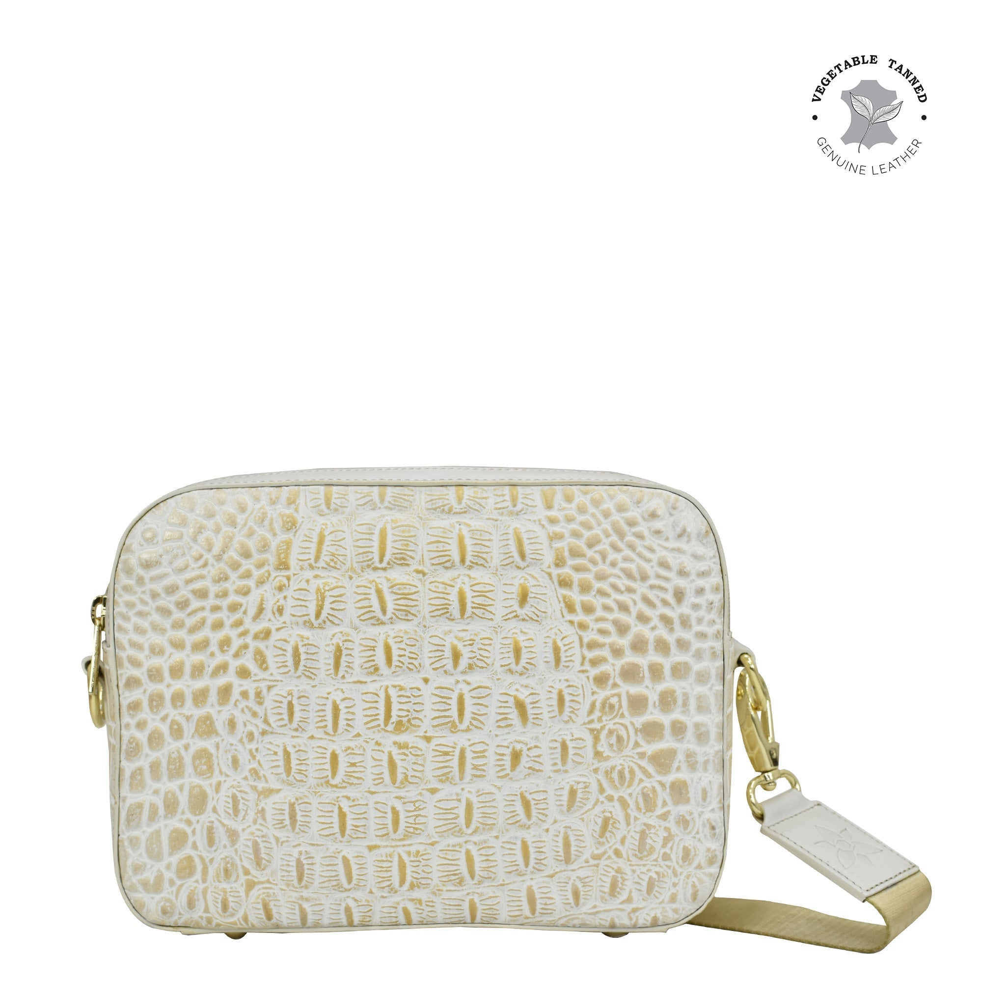 Croc Embossed Cream Gold Leather Bags Accessories Collection Anuschka Leather Anuschka CA